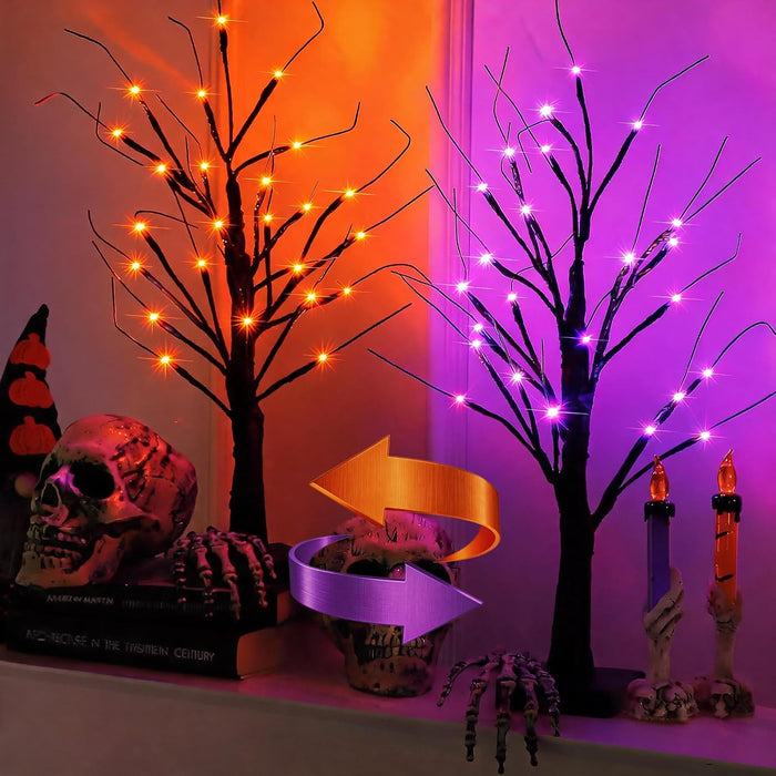 Halloween Decorations 2 Pack 24 Inch Color-Changing Halloween Tree Light,USB&Timer Battery Operated Orange and Purple Halloween Black Tree for Indoor Home Holiday Party Decorations