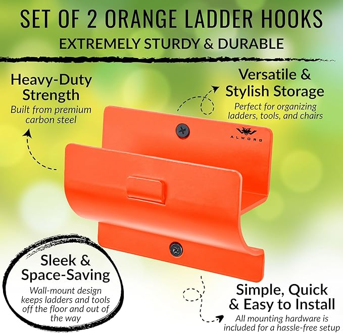 Ladder Hangers for Garage Wall Set of 2 Hooks- Orange Step Stool Hanger Wall - Image 2