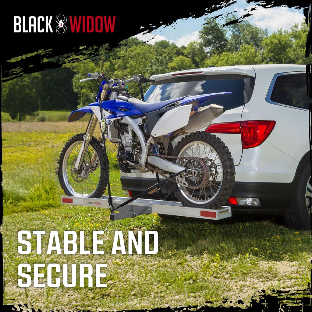 Black Widow Aluminum Dirt Bike Hitch Carrier with Ramp for Truck & SUV, 400-Pound Capacity - Non-Folding Motorcycle, eBike & Fat Tire Bike Hauler, Fits 2-Inch Class III/IV Receiver