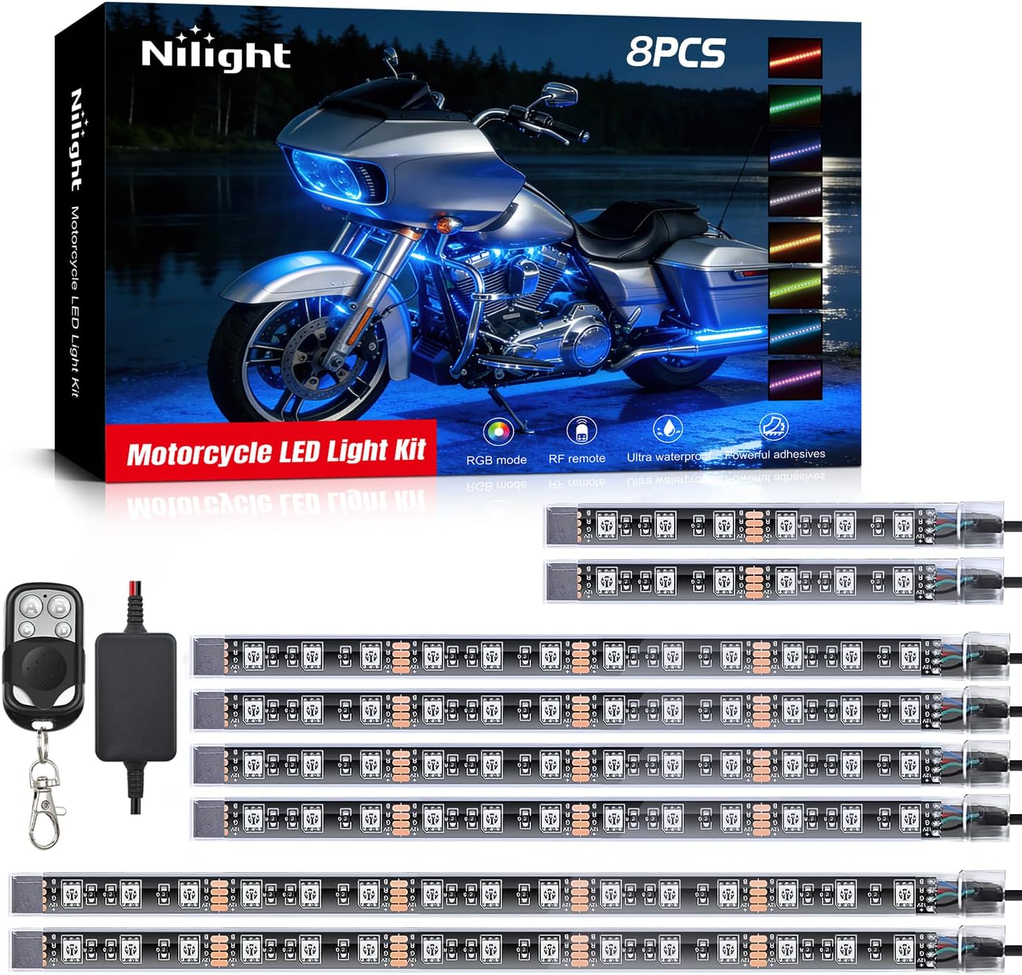 Nilight 8PCS Motorcycle RGB Led Light Kit Waterproof Multi-Color Atmosphere Lights Lamp with 4Key RF Wireless Remote for Harley Davidson Honda Kawasaki Suzuki, 2 Years Warranty (TL-42)