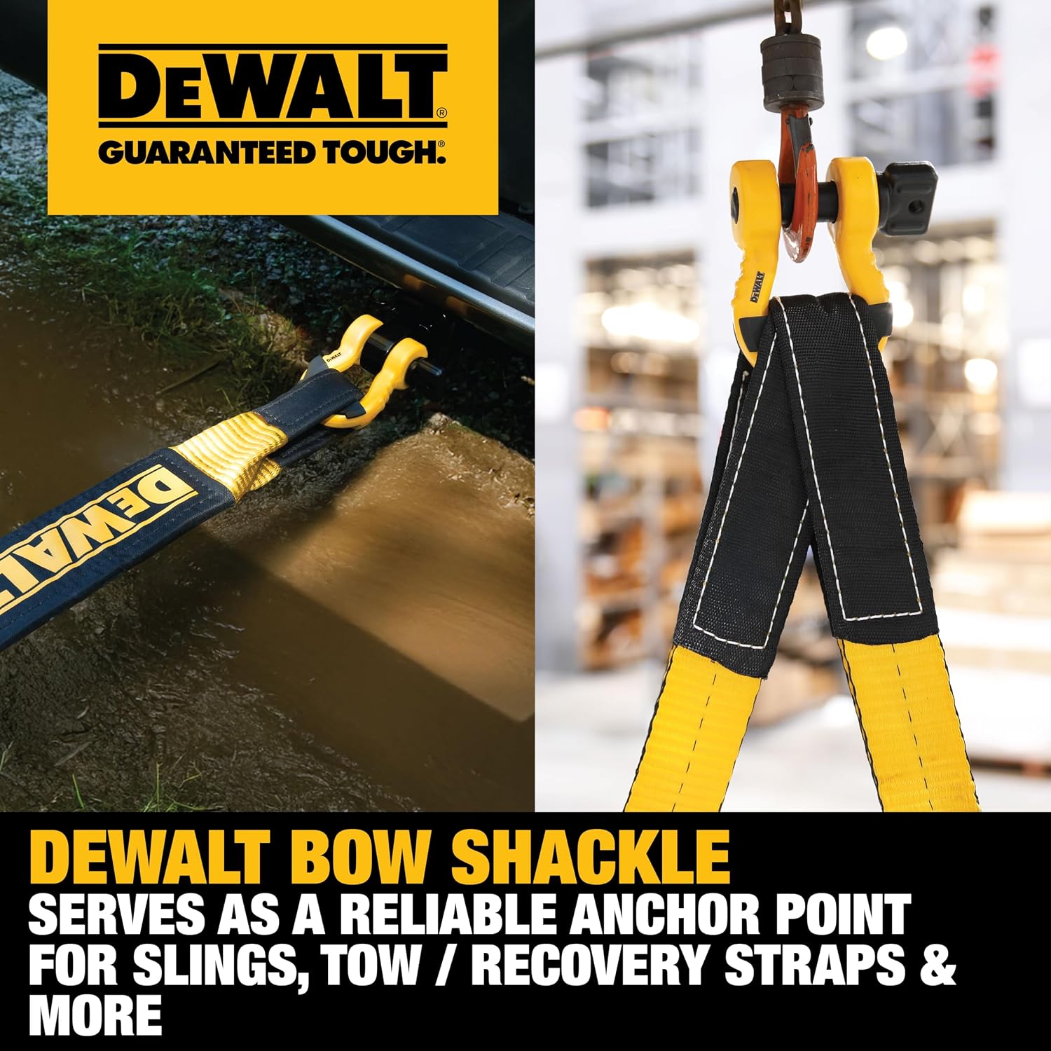 DEWALT DXBC8000 Black/Yellow 3/4" Bow Shackle with 7/8" Pin (10,400 lb Work Strength) - Towing, Winching, Vehicle Recovery