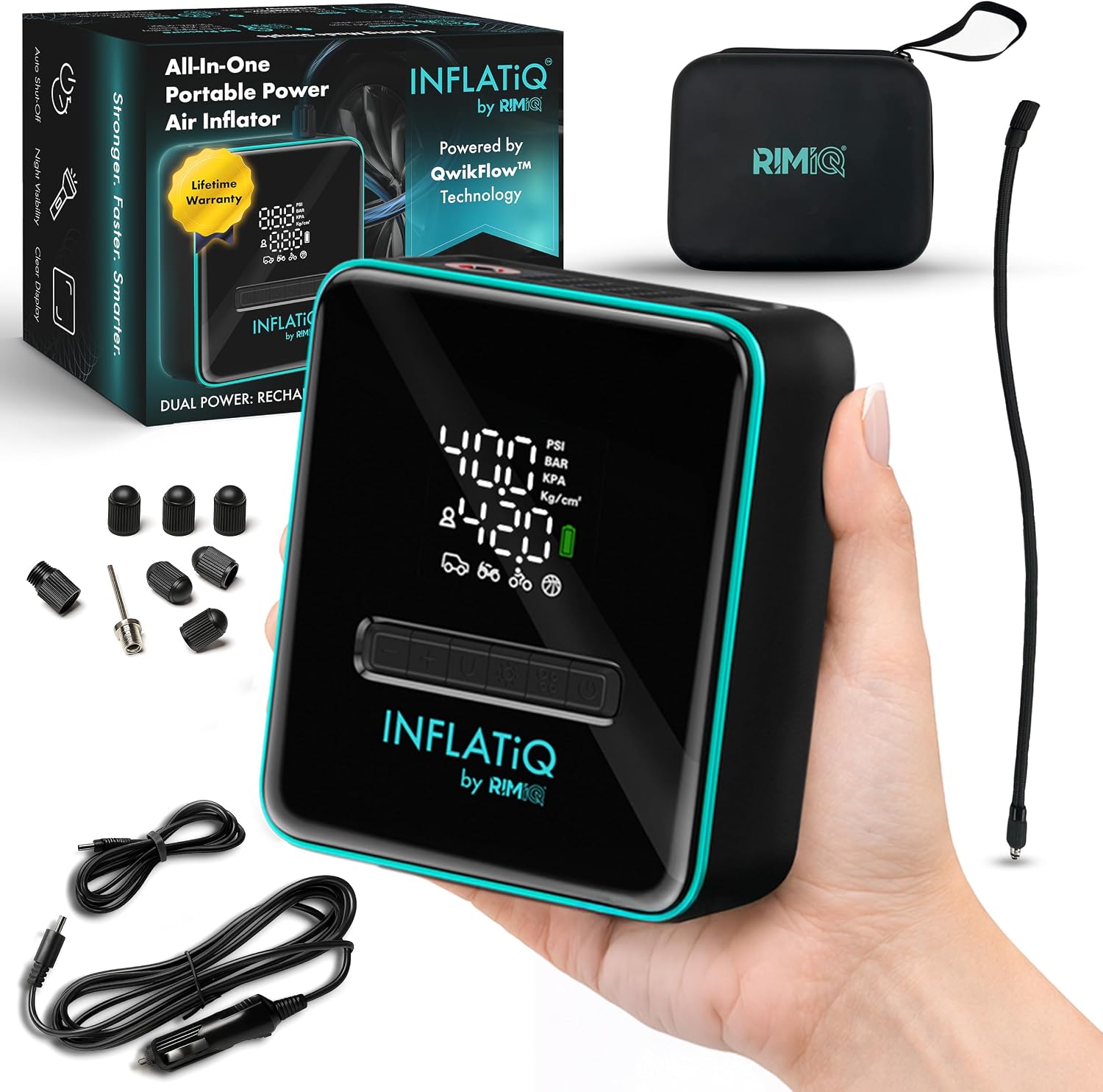 INFLATiQ by RIMiQ Portable Tire Inflator Air Compressor – Twice as Fast QwikFlow Technology with Auto Shut-Off – 11.1V Rechargeable Air Pump with Metal Gears and Premium Carry Case