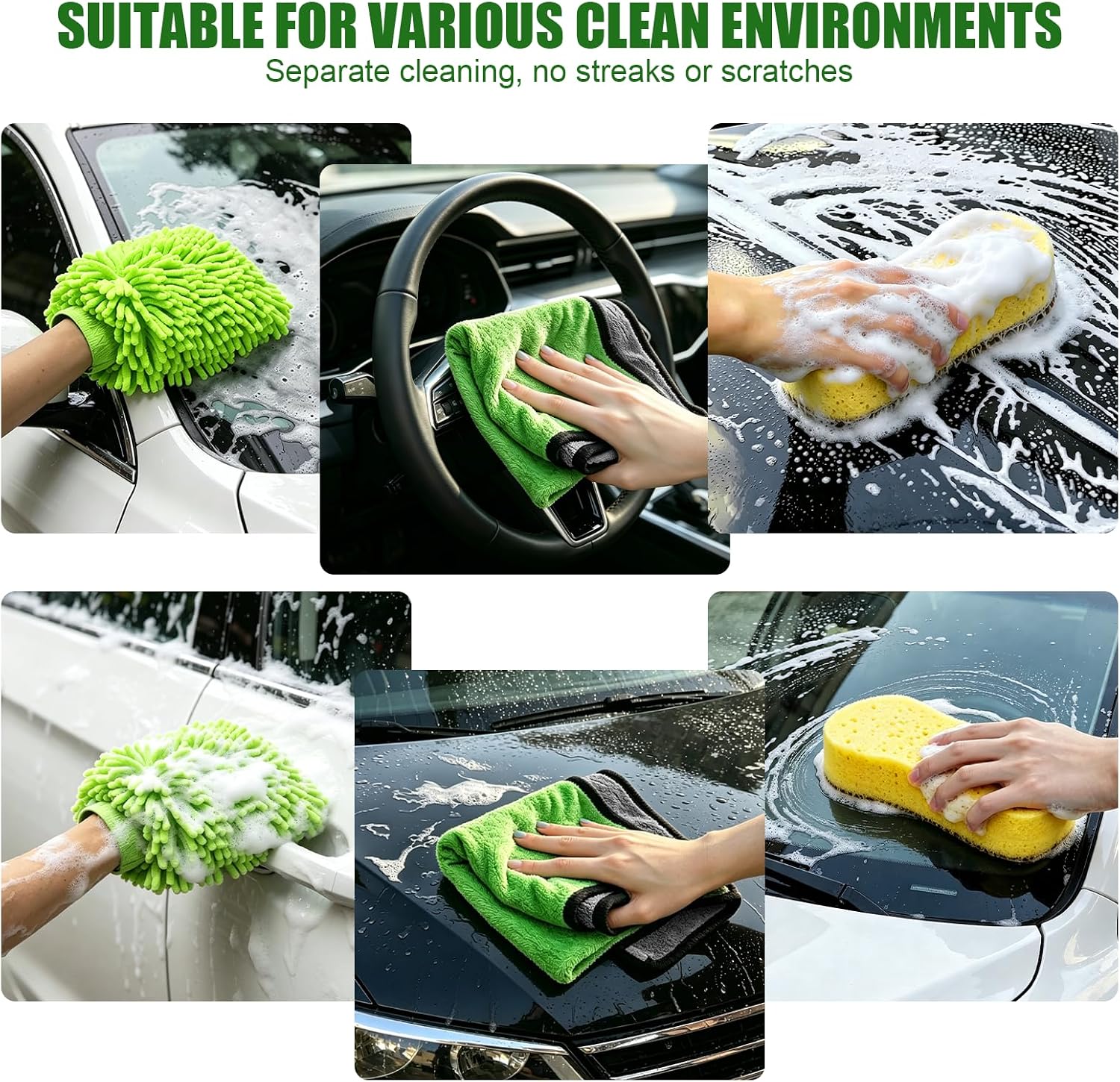6PCS Microfiber Car Wash Mitt - Car Wash Gloves Kit with Microfiber Cleaning Cloth and Car Wash Sponge for Car Washing, Trucks, SUVs, Motorcycles Cleaning Detailing Polish