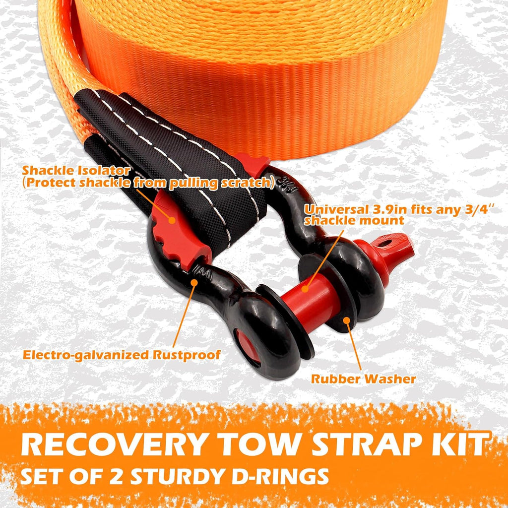Offroad Recovery Strap Kit, 3" x 30ft Tow Strap+10 Ton Snatch Block Pulley+D Ring Shackles+Bag, 4x4 Winching Accessories