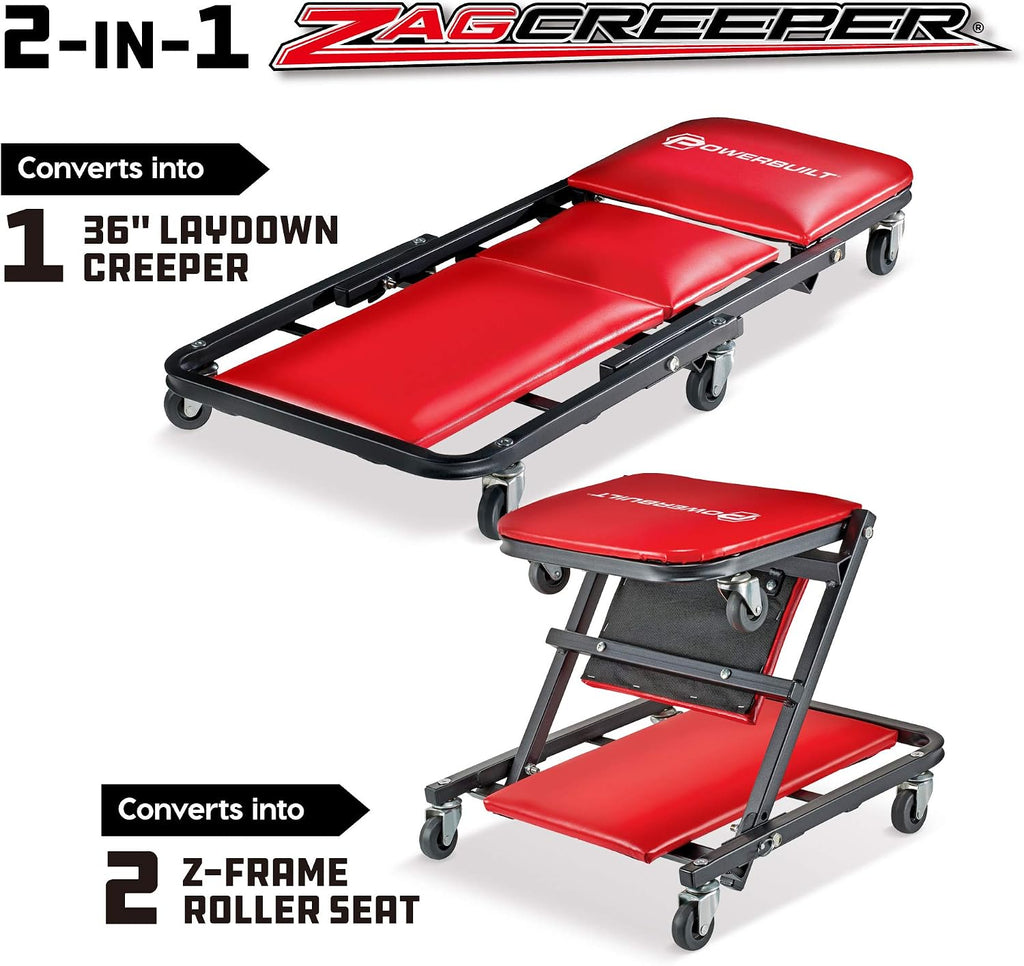 Powerbuilt 36 in. ZAG 2-in-1 Floor Creeper and Rolling Seat – Convertible Design with Padded Headrest, Durable Steel Frame, and Six 2 in. Casters for Easy Maneuvering – 620513
