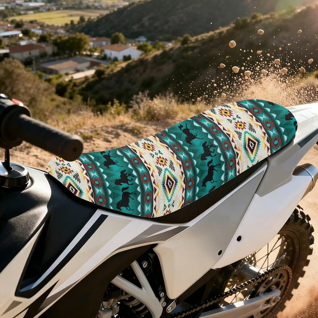 Pensura Aztec Horse Western Seat Cover for Dirt Bike Non-Slip Gripper Seat Protection PU Leather Weather Resistant Motocross Enduro Cushion Covers for Off-Road Trail Riding