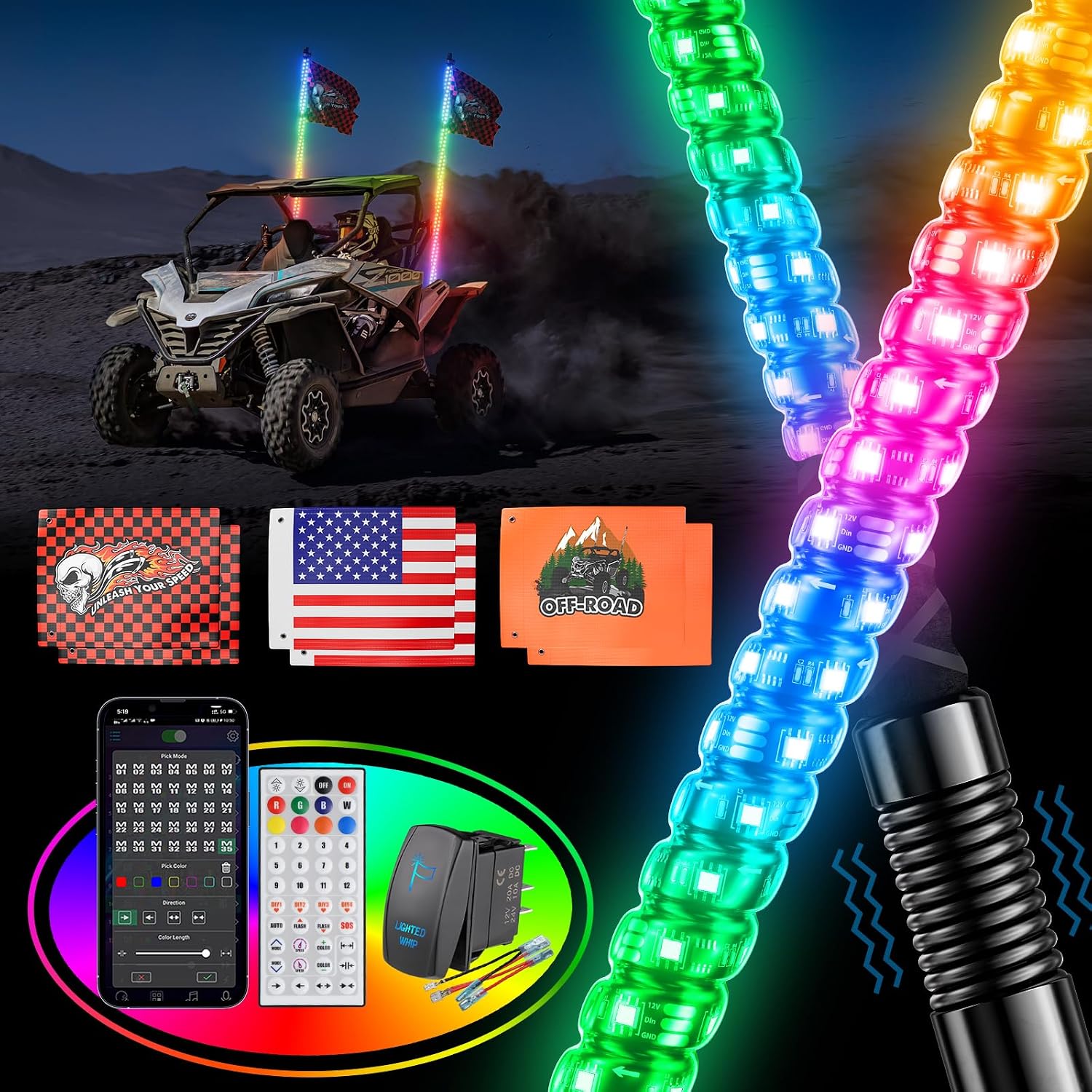 Ehaho 2PCS 3FT Whip Lights for UTV ATV, Spring Base, Tri-Brighter, 6 Flags | Spiral Chasing Led Whip Light, W/Rocker Switch, 366 Patterns, APP & Remote Control Lighted Antenna Whip for RZR SXS Can-Am