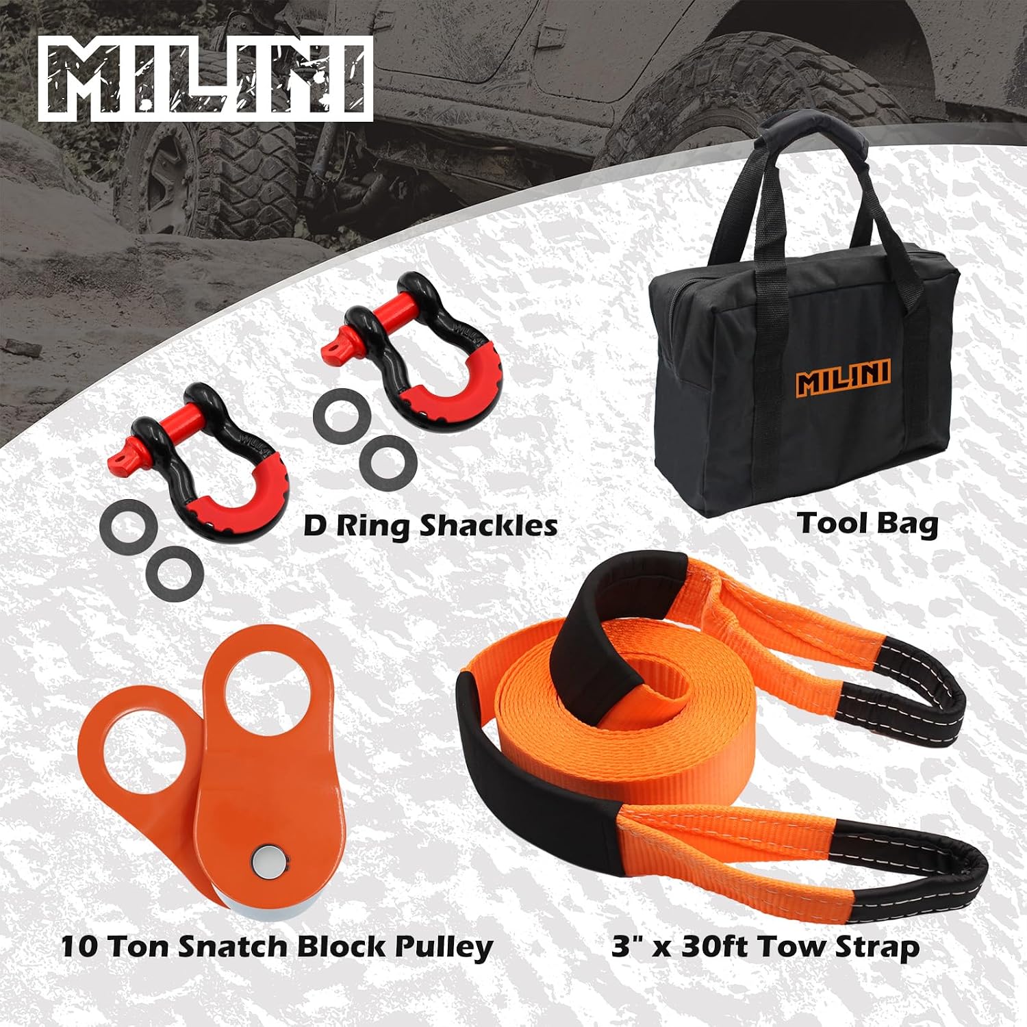 Offroad Recovery Strap Kit, 3" x 30ft Tow Strap+10 Ton Snatch Block Pulley+D Ring Shackles+Bag, 4x4 Winching Accessories