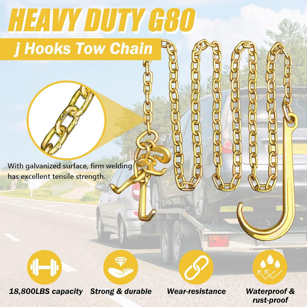 2PCs G80 j Hooks Tow Chain, 5/16" x10' Recovery Tow Hooks Chain 15IN J Hook w/RTJ & Grab Hook, 18800LBS Wrecker Towing Truck Equipment Accessories J Hooks, Bridle Tow Transport Chain