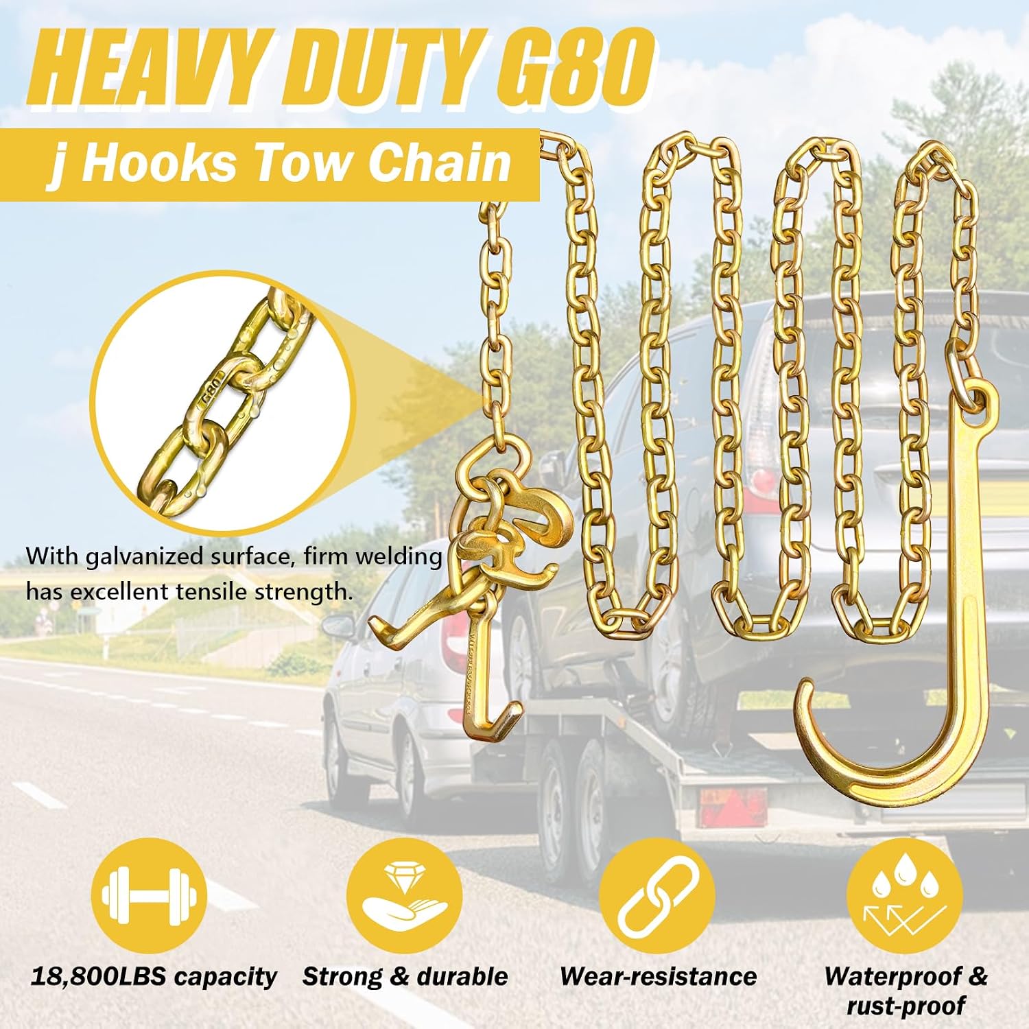 2PCs G80 j Hooks Tow Chain, 5/16" x10' Recovery Tow Hooks Chain 15IN J Hook w/RTJ & Grab Hook, 18800LBS Wrecker Towing Truck Equipment Accessories J Hooks, Bridle Tow Transport Chain