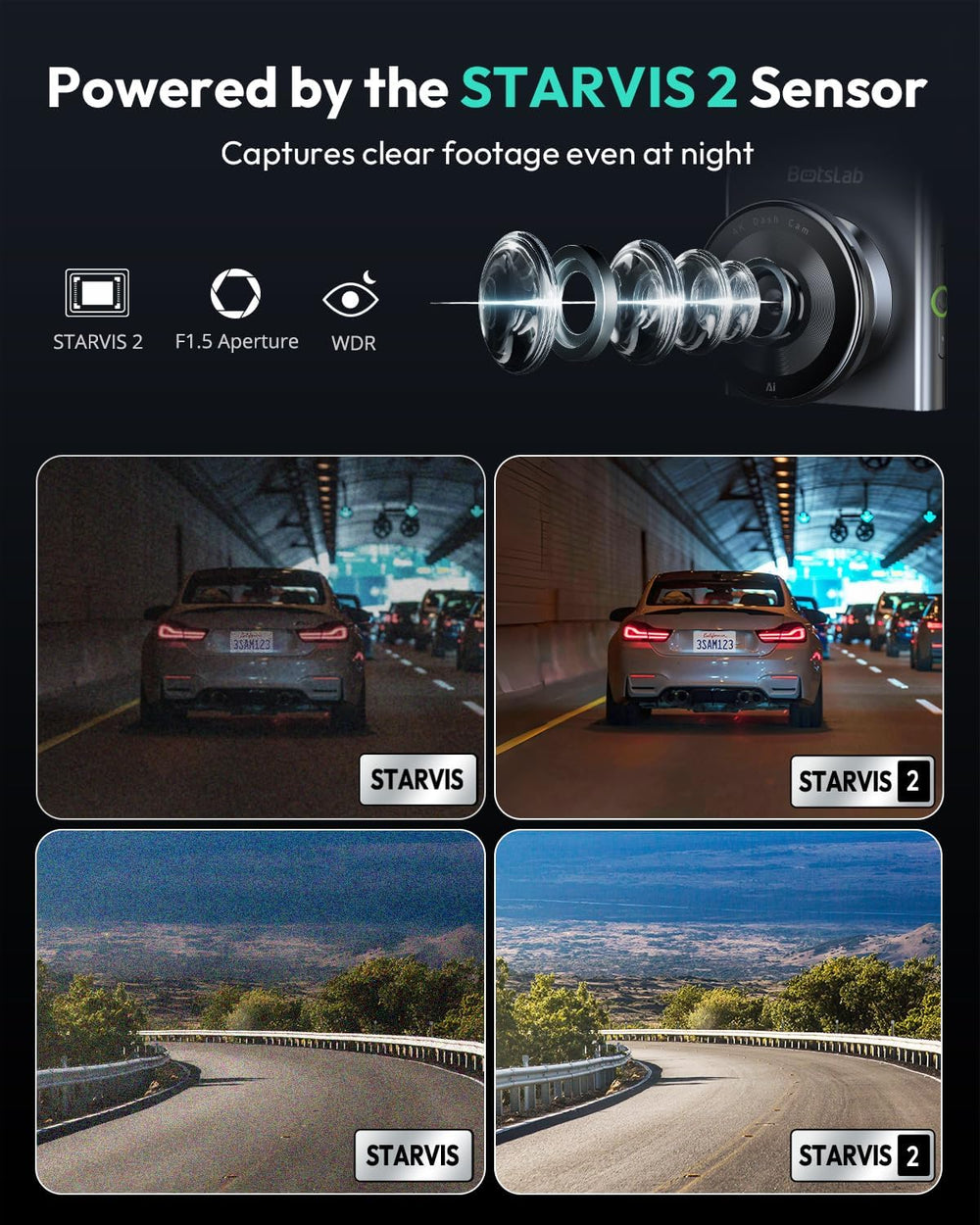 BOTSLAB G300H Plus 4K STARVIS 2 Dual Dash Cam Front and Rear