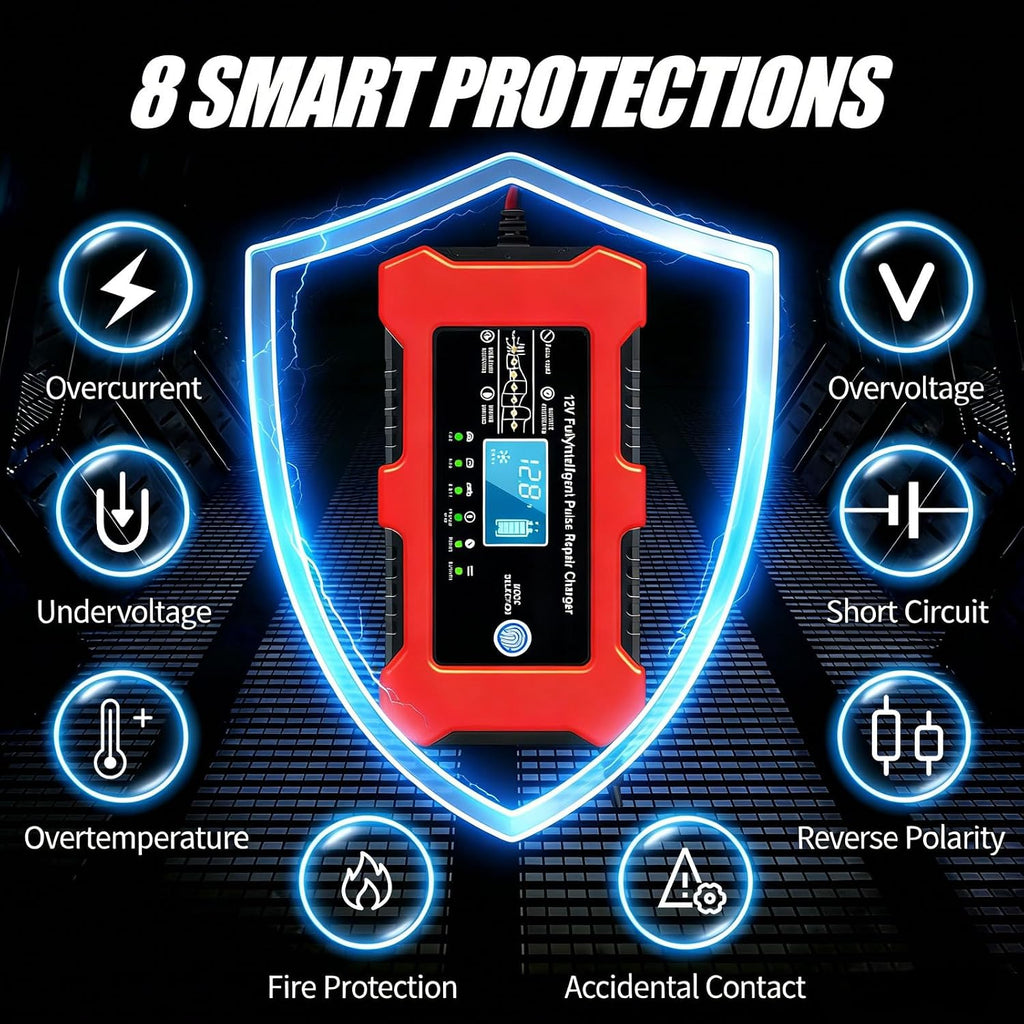 12V 10A Car Battery Charger, Lead-Acid & Lithium Trickle Battery Charger with Temperature Compensation, Desulfator & LED Display Maintainer for Car, Motorcycle, Truck, Marine, Lawn Mower