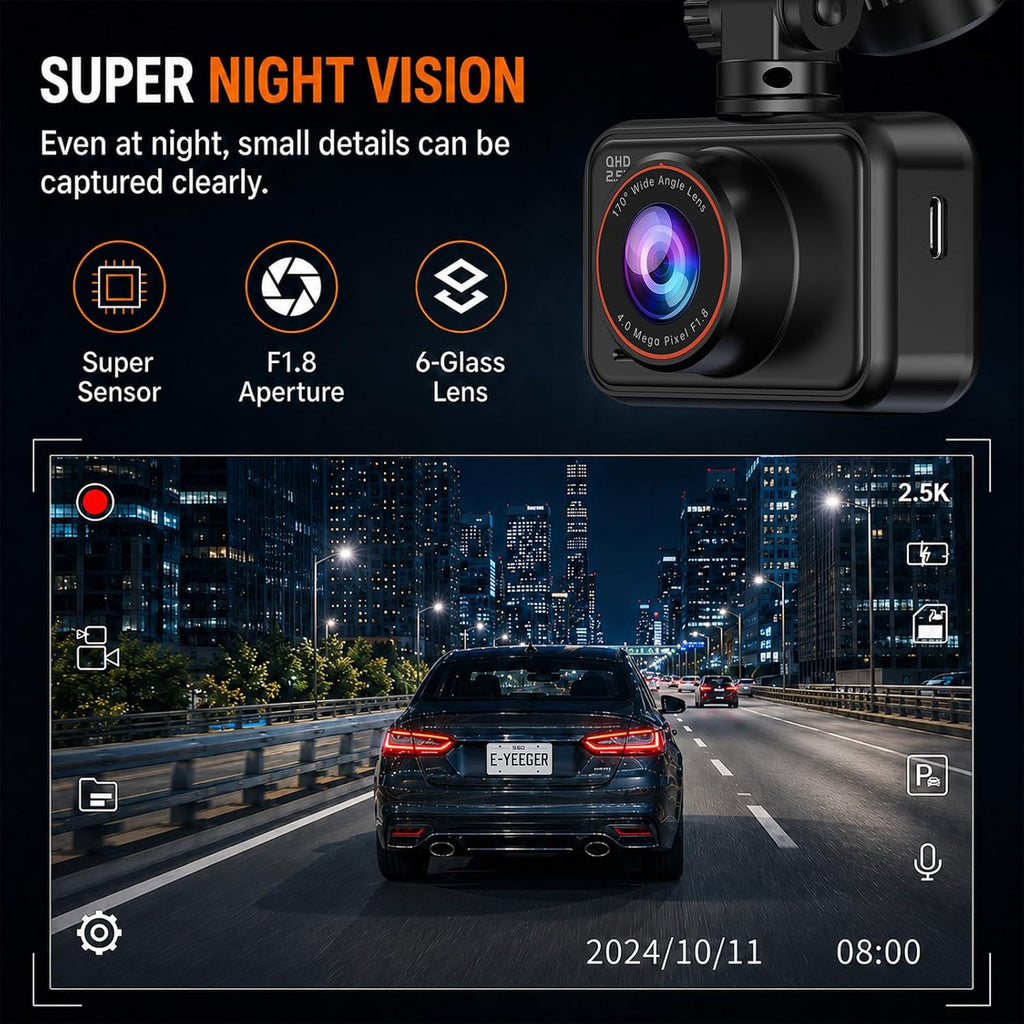 dash cam front and rear for cars, 2.5k+1080p, side view