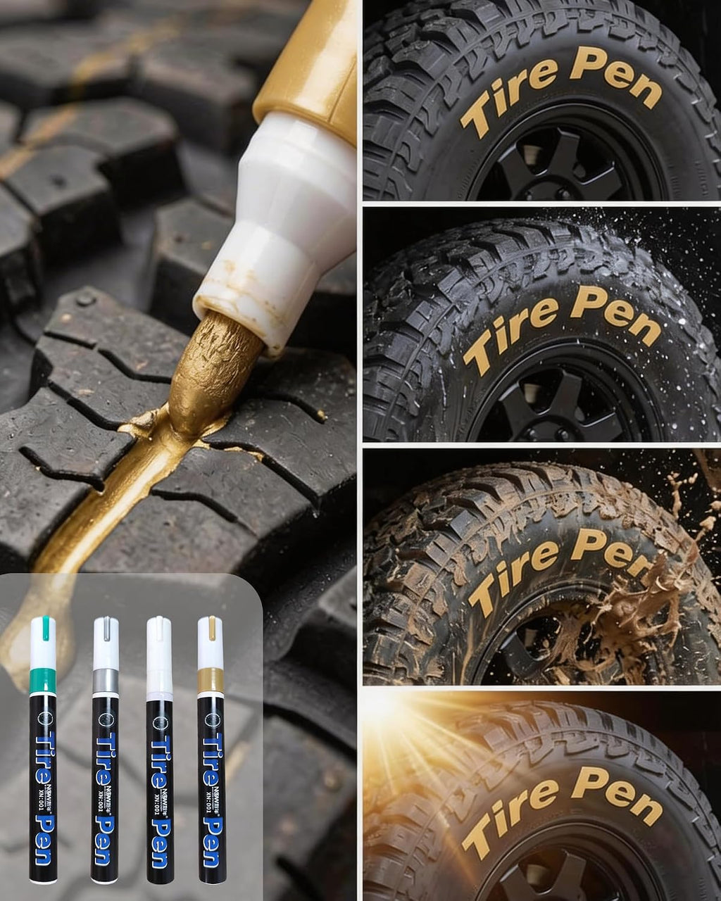 DIY Tire Paint Pen, Tire Lettering Paint Pen & Tyre Pen for Cars, Motorcycles & Bikes, Marker with Curved Tip for Sidewall Marking, 4 Colors (White, Gray, Gold, Green)