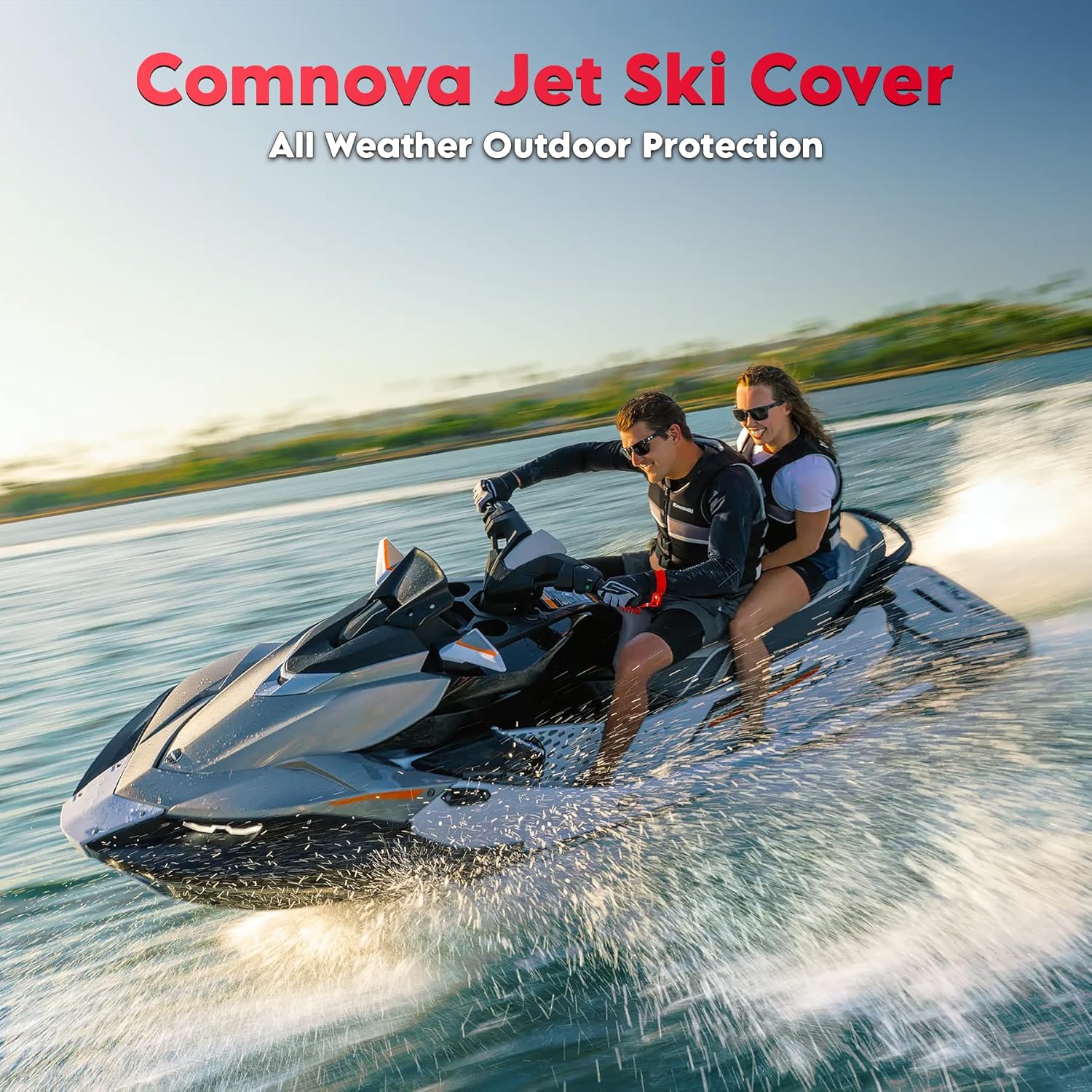 Comnova Jet Ski Cover 115-120 Inch - 600D Waterproof Trailerable Jetski Covers - Heavy Duty PWC Cover Fits Seadoo, Yamaha 2-3 Seater Personal Watercraft, All-Season Protection