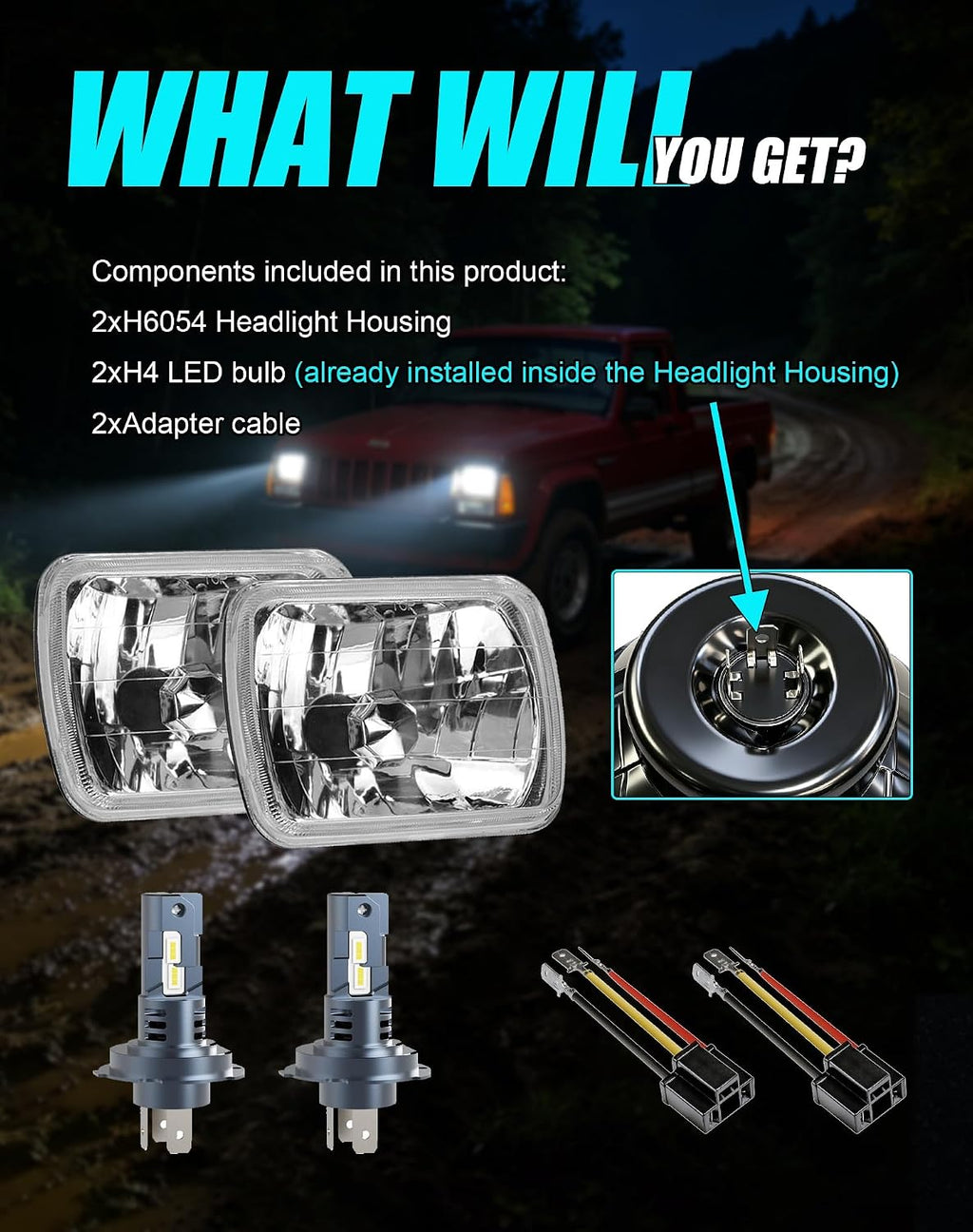 5X7 7X6 H6054 Glass Square Headlight Housings and H4 Light Bulbs | 6500K LED High Low Beam 7 inch OEM Style Original Classic Look Conversion Assembly Pair Kit for Cars Truck and Van
