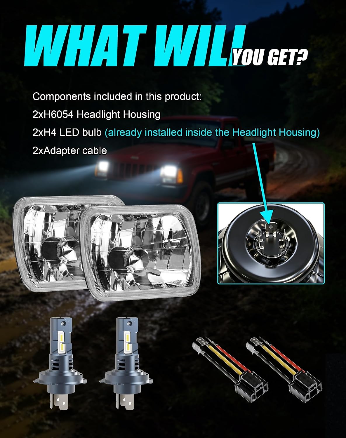 5X7 7X6 H6054 Glass Square Headlight Housings and H4 Light Bulbs | 6500K LED High Low Beam 7 inch OEM Style Original Classic Look Conversion Assembly Pair Kit for Cars Truck and Van