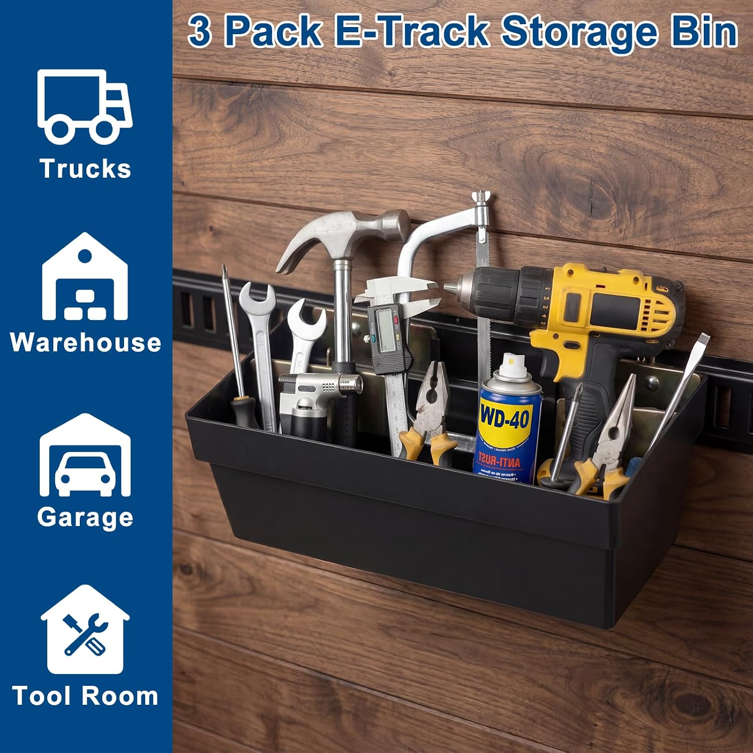 3 Pack Heavy Duty E Track Storage Bins, E-Track Accessories Tool Organizer for Enclosed Trailer, Truck, Cargo Van, Garage, Durable Plastic Storage Baskets for E-Track Rail System, 13 Inch