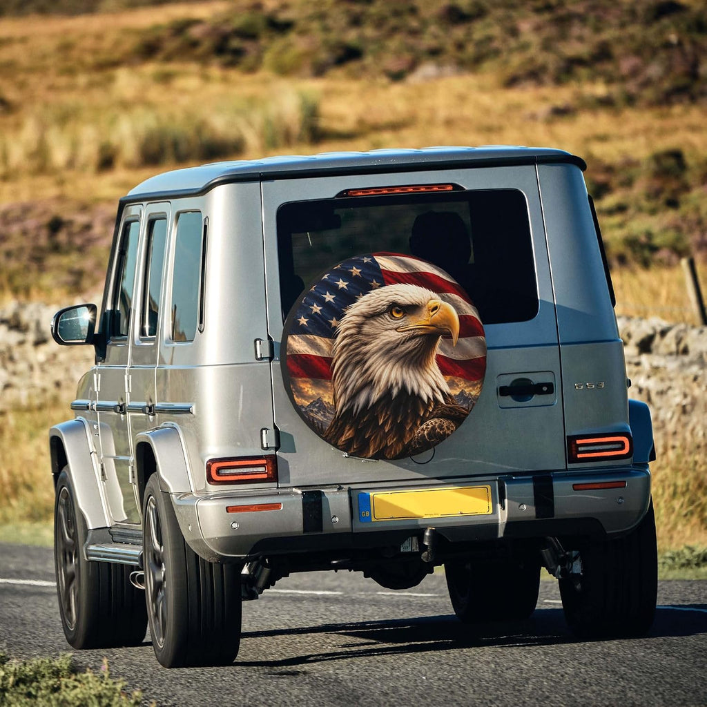 Bald Eagle Spare Tire Cover for SUVs RVs Trailers Campers Trucks, Universal Spare Wheel Cover, American Flag Patriotic Tire Cover for Outdoor Spare Tire Protection (14 inch for Diameter 23"-27")