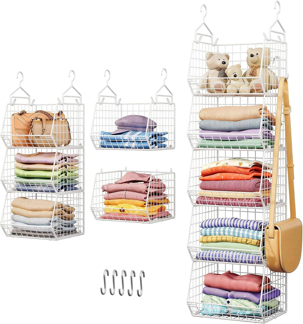 5 tier closet hanging organizer, clothes hanging shelves shown in use