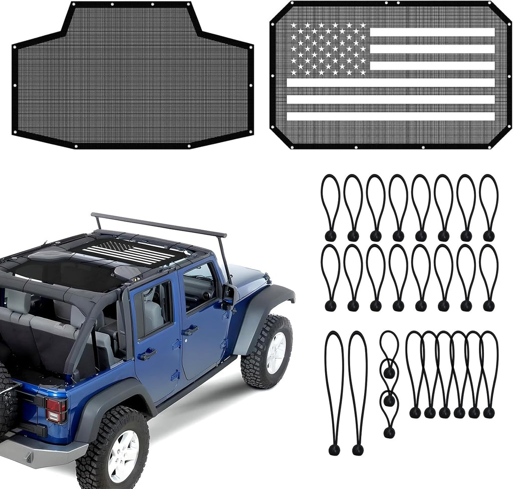 JKU Sunshade Mesh for 2007-2018 Jeep Wrangler JK Unlimited 4 Door, UV Protection Front & Rear Seat Cover, Thick PVC (American Flag & Black)