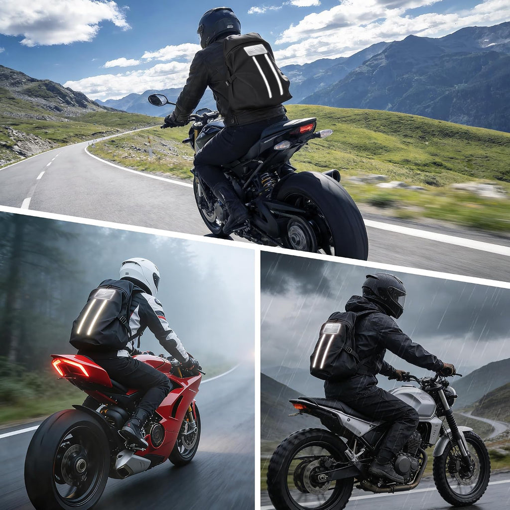 Motorcycle Backpack, Waterproof Helmet Backpack with Reflective Strips & Reflective Flag, 40L Large Bag with Laptop Pocket, Perfect for Travel, Daily Commute, Office Trips & Outdoor Riding