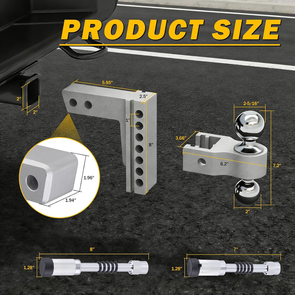 Aluminum Adjustable Trailer Hitch for 2-Inch Receiver 6 Inch Drop/Rise Hitch Ball Mount with 2" and 2-5/16" Ball Hitches Heavy Duty 12,500 LBS GTW Towing Hitch