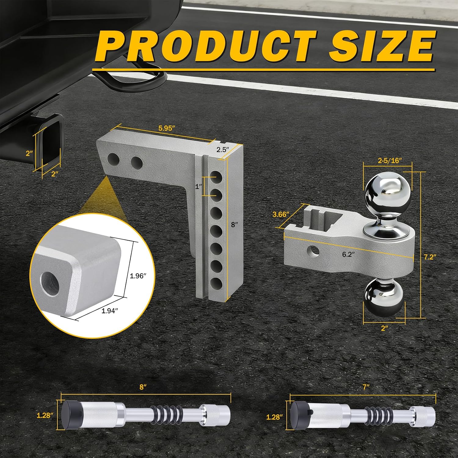 Aluminum Adjustable Trailer Hitch for 2-Inch Receiver 6 Inch Drop/Rise Hitch Ball Mount with 2" and 2-5/16" Ball Hitches Heavy Duty 12,500 LBS GTW Towing Hitch