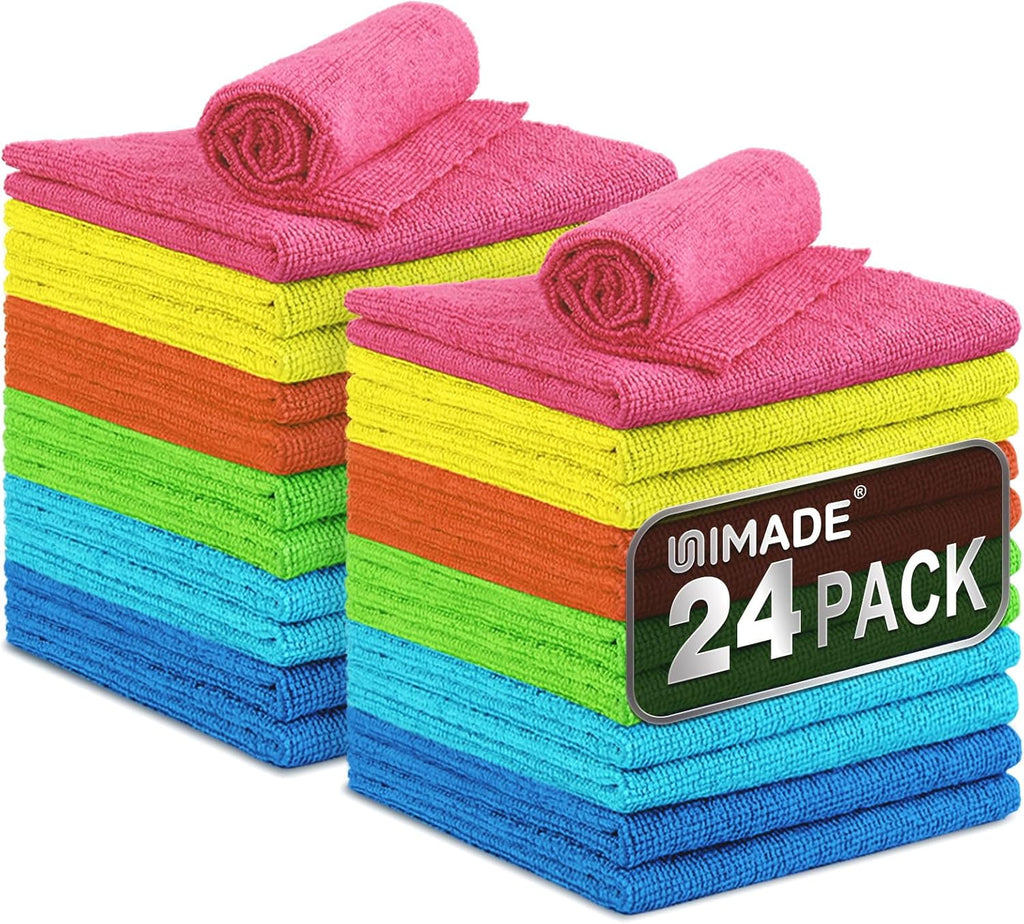 UNIMADE Microfiber Cleaning Cloth, 24 Pack Reusable Microfiber Towels for Cars Lint Free Cleaning Shop Towel Rags for Home Kitchen Automotive Bar Mechanic Restaurant Garage, 11"x 12", Multicolor
