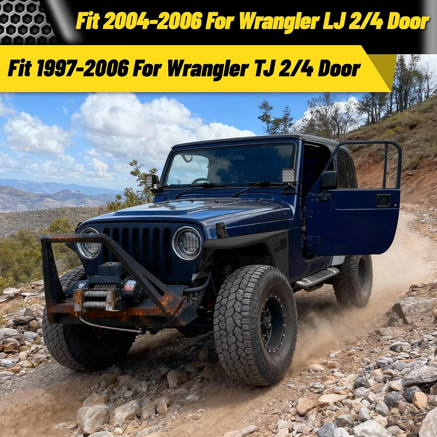 MONOKING 2PCS Front Flat Fender Flares for 1997-2006 Wrangler TJ, 2004-2006 Wrangler LJ 2/4 Door High Clearance Off-Road Heavy Duty Wheel Cover Paintable Carbon Steel No-Drill Bolt-On