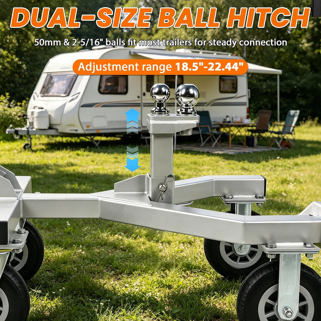 Heavy-Duty Trailer Dolly, 3500 lbs Tongue with Dual 2" & 2-5/16" Hitch Balls, 20000 lbs Max Load, 360° Swivel Wheels w/Brake, 9" All-Terrain Tires for RV Camper Boat