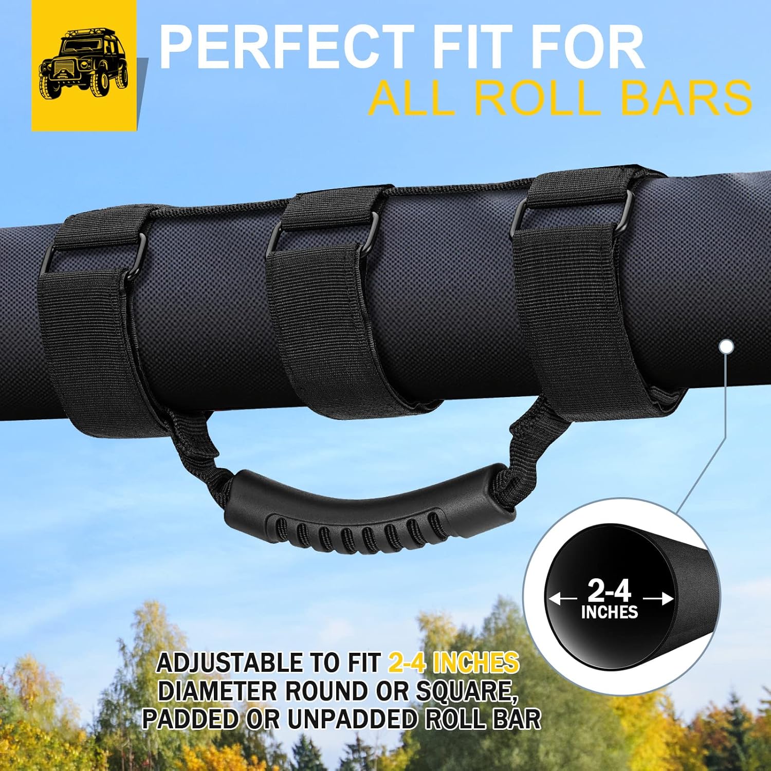 moveland 2 Pack Grab Handle Set Compatible with Jeep Wrangler TJ YJ JK, Easy-to-Fit 3 Straps Design for 1955-2023 Models (Black)