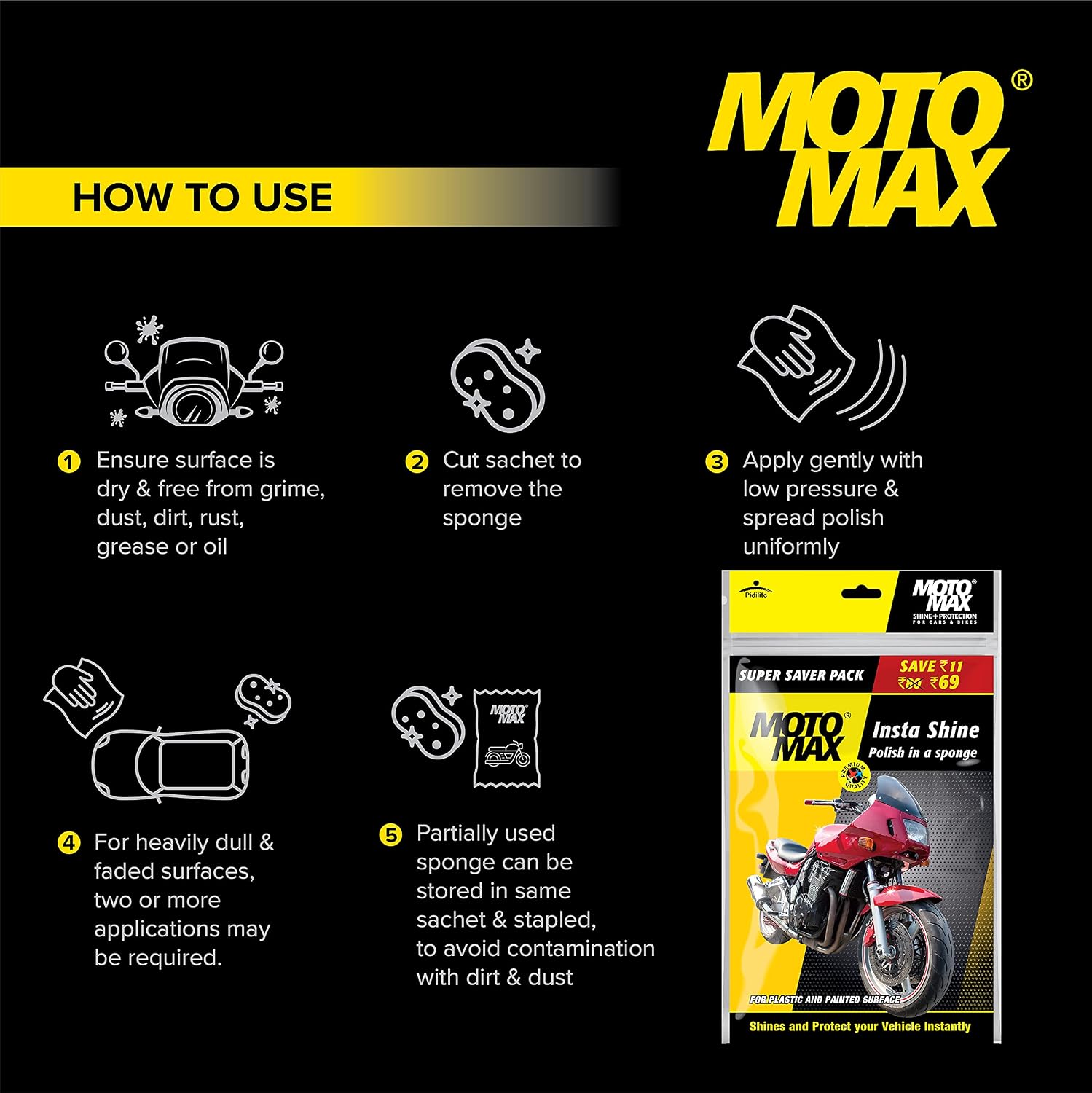 Pidilite Plastic Motomax Instashine Sponge 4 in 1 Zipper Pouch for Paint & Exterior Care, Instantly Cleans & Shines Bikes, Micro-Fiber Sponge to Instantly Remove Oil, Dirt
