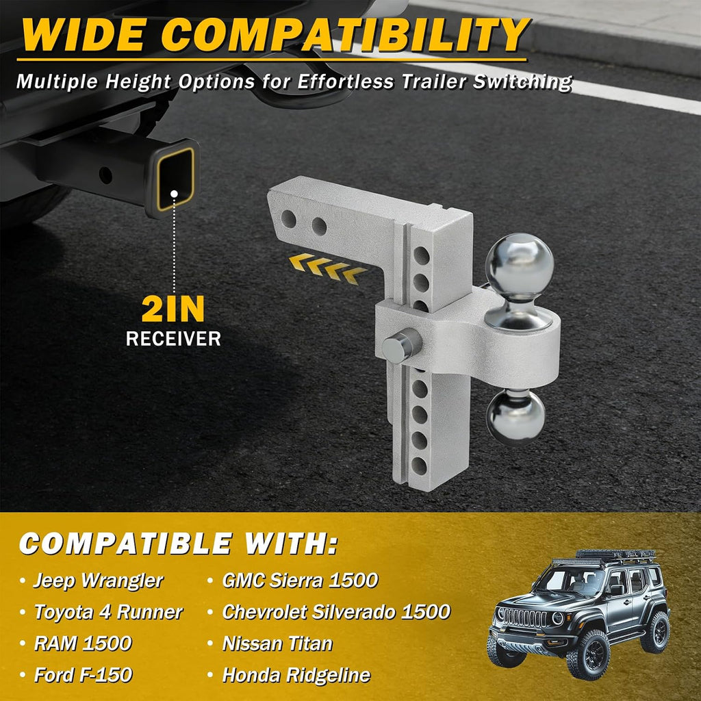 Aluminum Adjustable Trailer Hitch for 2-Inch Receiver 6 Inch Drop/Rise Hitch Ball Mount with 2" and 2-5/16" Ball Hitches Heavy Duty 12,500 LBS GTW Towing Hitch