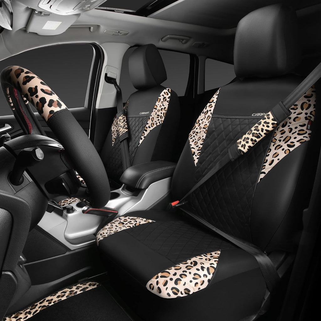 car pass leopard print faux leather car seat shown in use