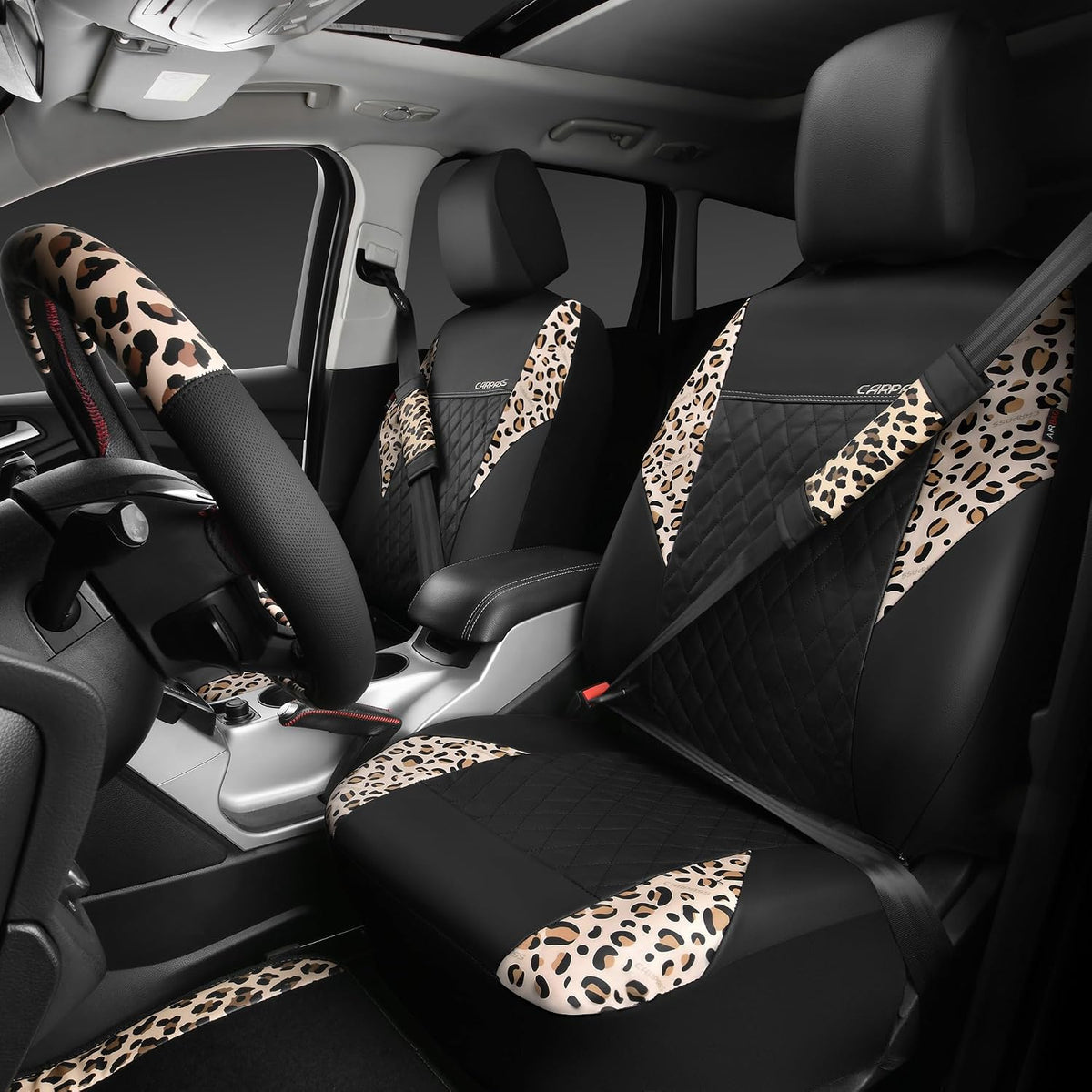car pass leopard print faux leather car seat shown in use