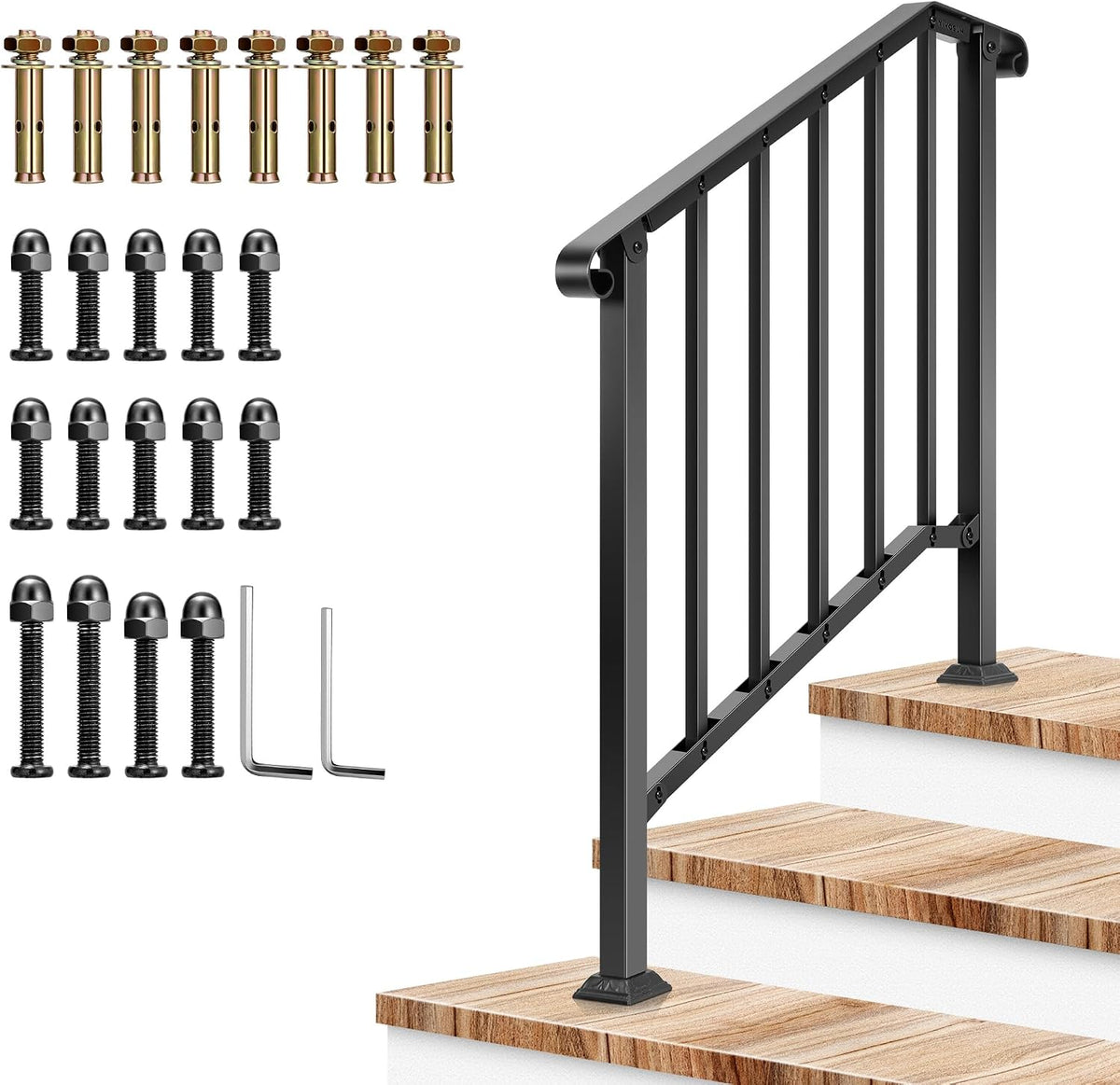 VIVOSUN Outdoor Handrail, 3 Step Stair Handrail, Wrought Mattle Iron Stair