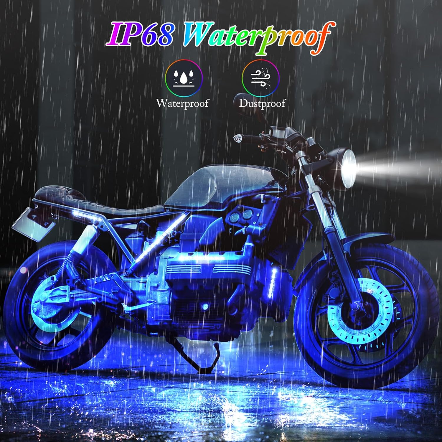 8PCS Motorcycle LED Underglow Kit, 4 Key Remote Control App Control with Two Extension Cords, Music Sync Waterproof RGB LED Motorcycle Light Kit for UTV ATV Golf Cart
