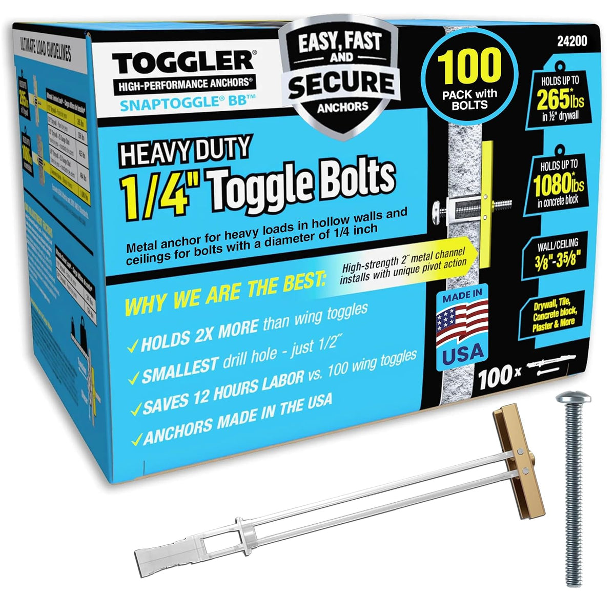 toggler snaptoggle drywall anchors with 1/4-20 x 2.5, main product view