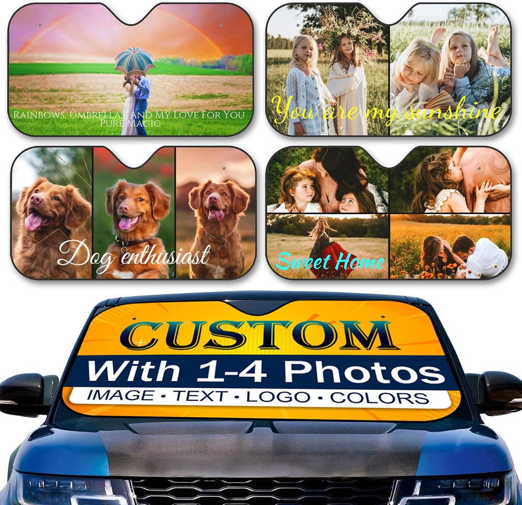 Custom Car Windshield Sun Shade Personalized Sun Visor with 1-4 Photo Design Your Own Photo Logo Text Foldable Reflective Sun Visor UV Rays Protector for Sedans SUV Trucks (1 Photo, M)