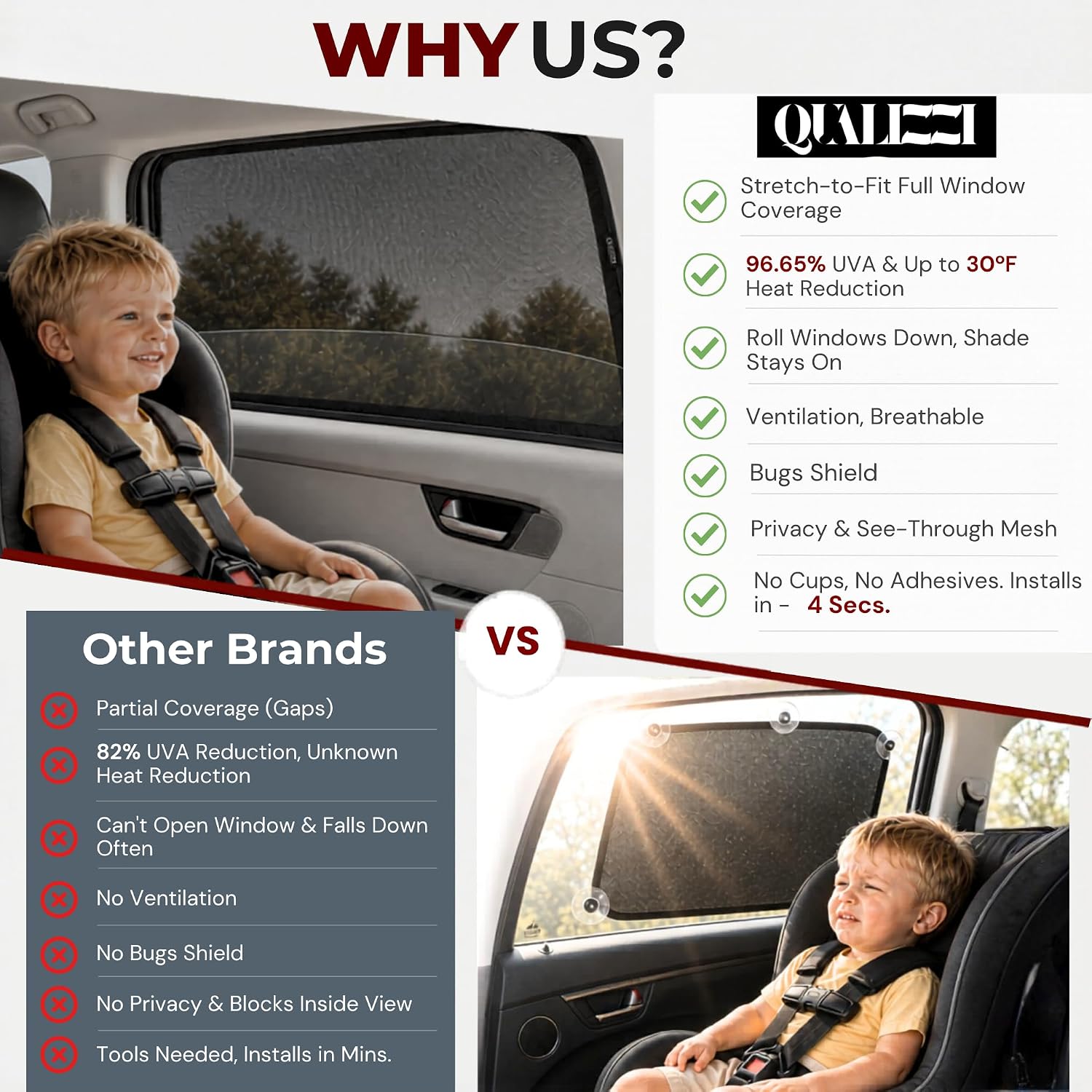 XL/Car Side Window Shades for SUV. 8 Sizes/2 Pack. Stretch-to-Fit Mesh for Rear Windows Up to H:20" x W:46". Sun, Heat & Bugs Protection, Blocks 96% UVA. Camping Windows Screens | Qualizzi®