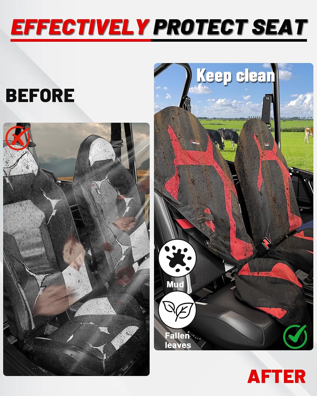 StarknightMT RZR Seat Cover with Pocket Water-Resistant Compatible with Polaris RZR (2014-2023 XP 1000/4, 2018-2022 RS1, 2017-2021 RZRXP Turbo/4), 1680D Cushion Protection, 2-4 Seater, Black & Red