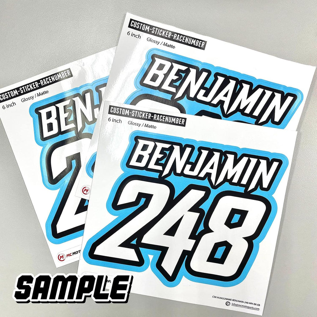 MC MOTOPARTS (Set of 3) Custom Motorcycle Motocross Racing Number Plate Decals – Personalized Number & Name – Waterproof Vinyl Stickers for Dirt Bike, ATV, Kart & Car Door (3-10 Inch)