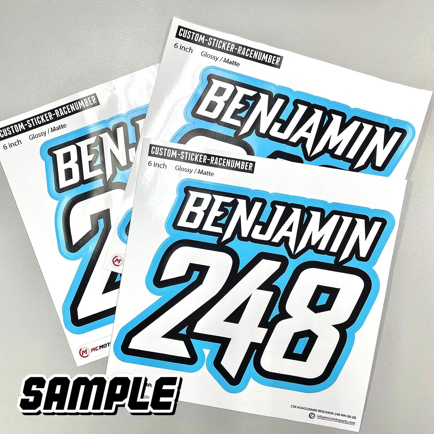 MC MOTOPARTS (Set of 3) Custom Motorcycle Motocross Racing Number Plate Decals – Personalized Number & Name – Waterproof Vinyl Stickers for Dirt Bike, ATV, Kart & Car Door (3-10 Inch)