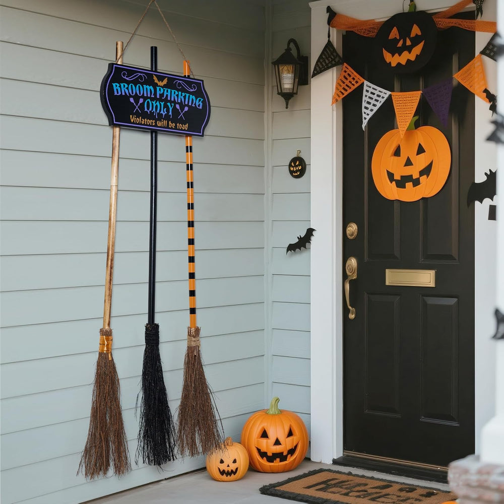 JOYIN Halloween Broom Parking Sign with 3pcs Wooden Witches Brooms, Halloween...