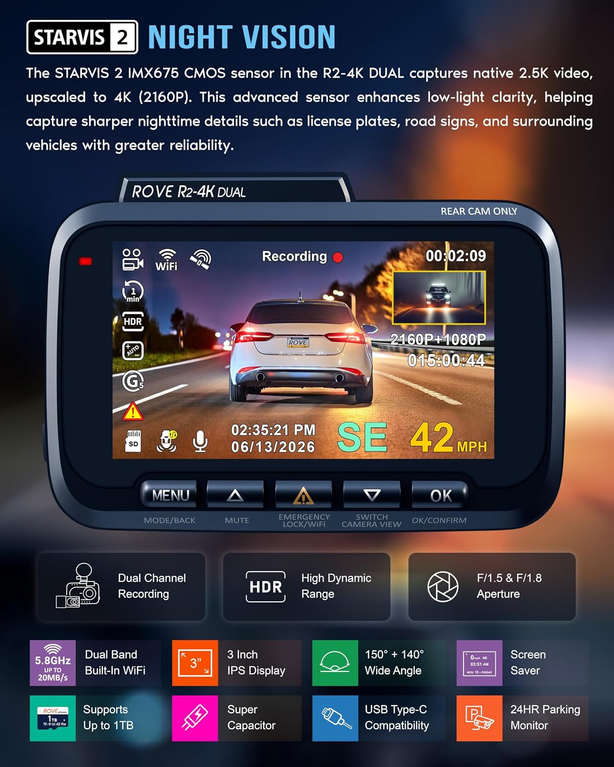 rove r2-4k dual dash cam front and rear, side view