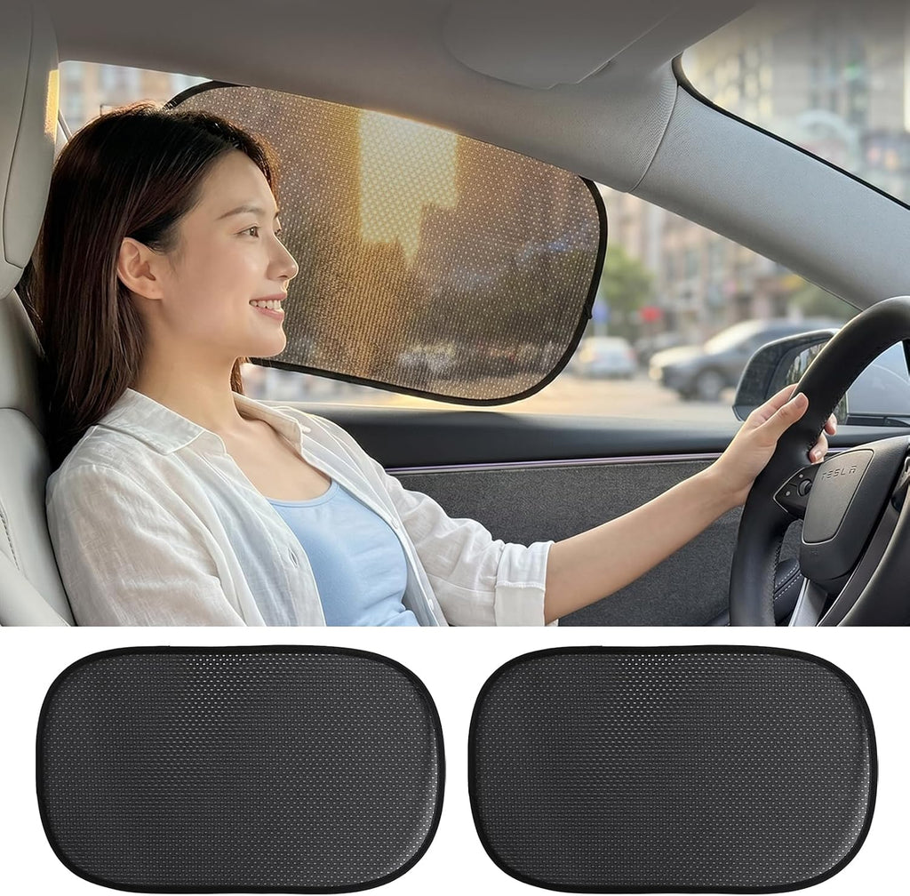 Car Window Shades (2 Pack) - Upgraded Mesh Sun Shade, Strong Static Cling - Heat Blocking, Anti-Glare & UV Protection - Foldable Memory Frame, Won't Block View - Universal Fit 99% Cars