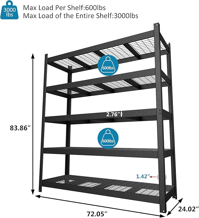 MUPATER 72.05” W × 24.02” D × 83.86” H, Heavy Duty Metal Storage Shelves - Image 3