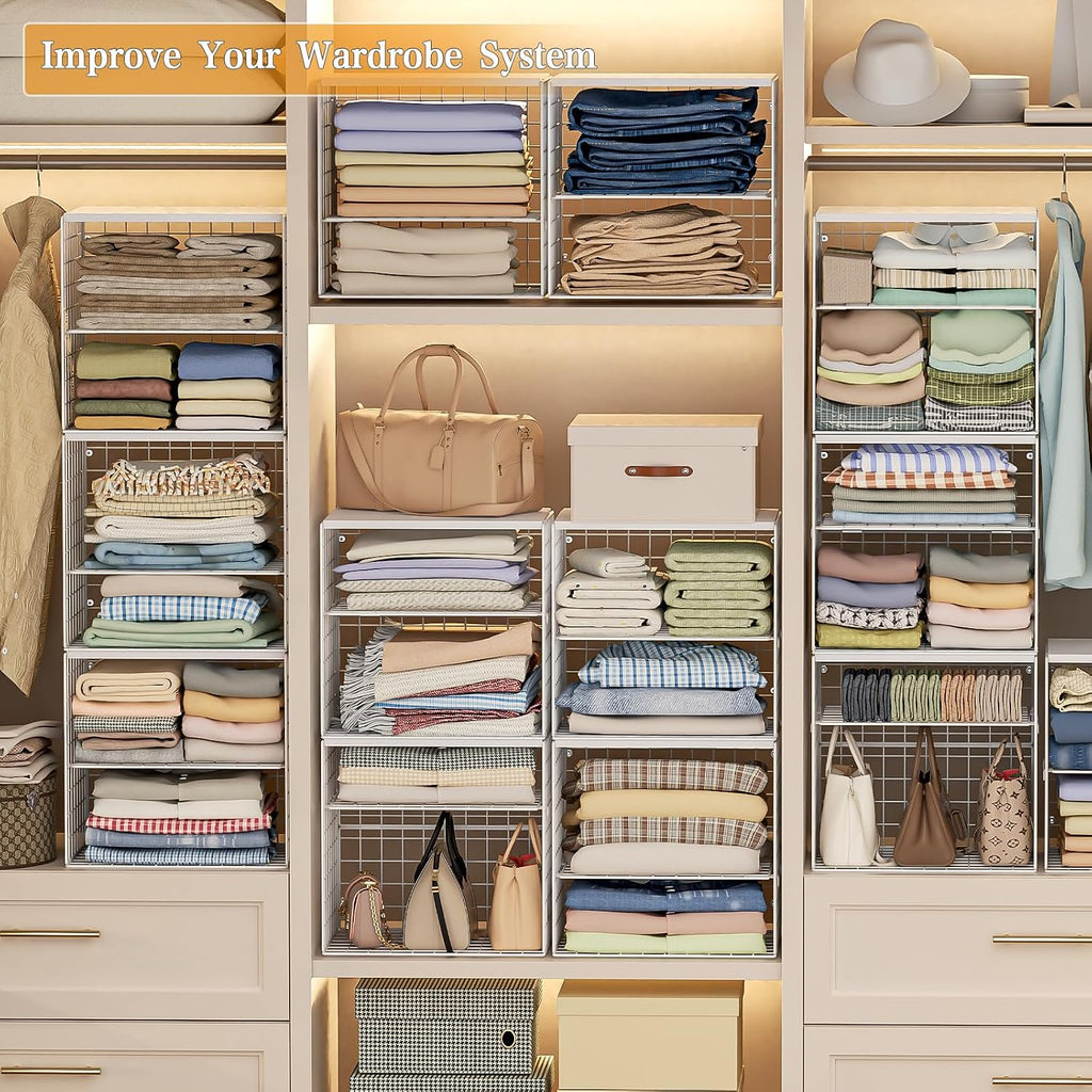4-tier stackable closet organizers and storage shelves, closet showing dimensions