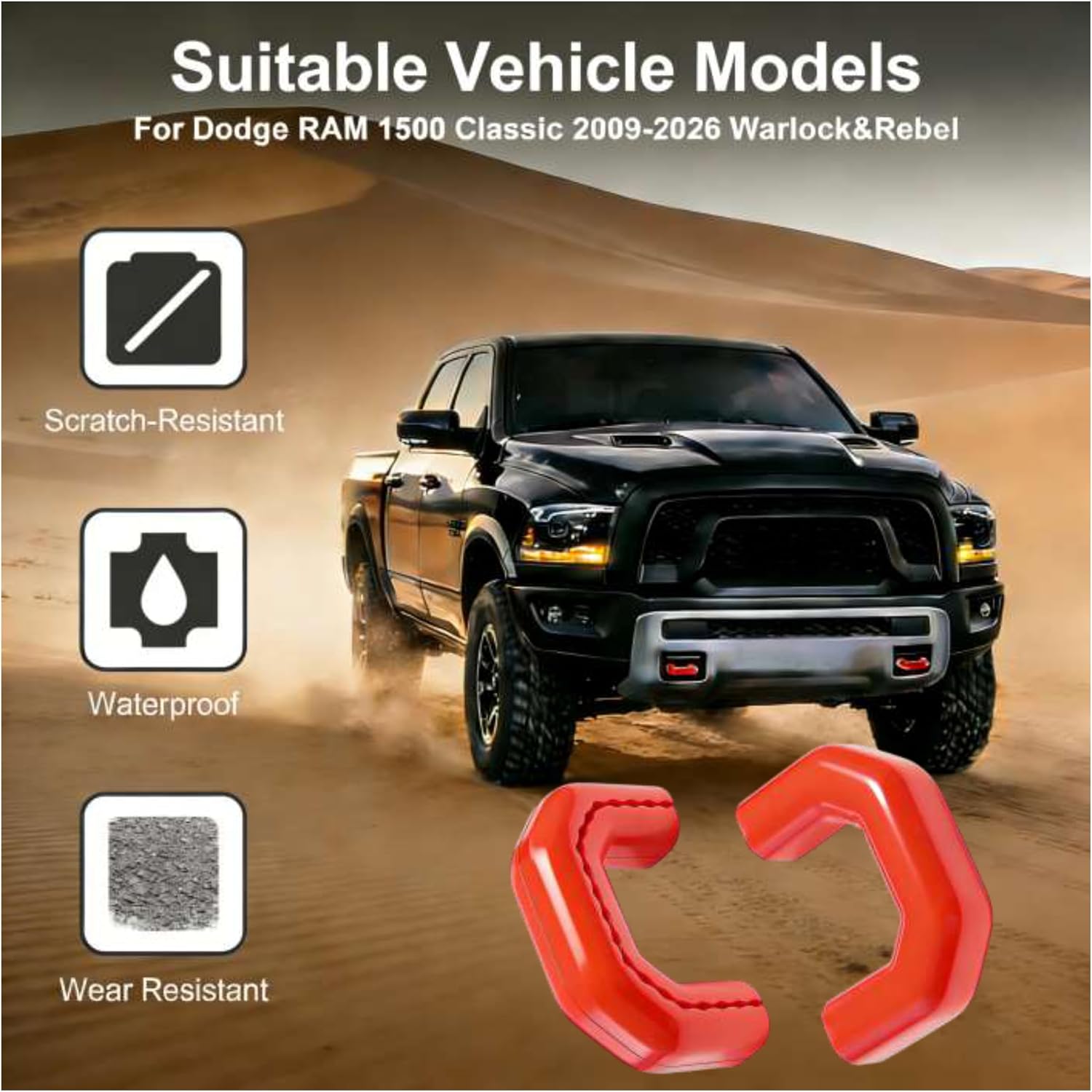 Tow Hook Covers for RAM 1500 Classic 2009-2026 Warlock Rebel, U-Shape, Thick Silicone Red